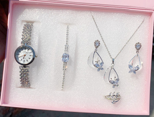 Elegant Silver Crystal Jewelry Set with Watch