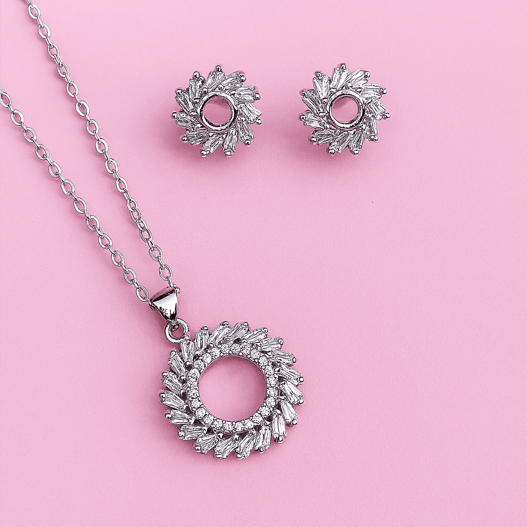 Luxury zircon circle pendant necklace and matching earrings set for women with zircon stones displayed on pink background