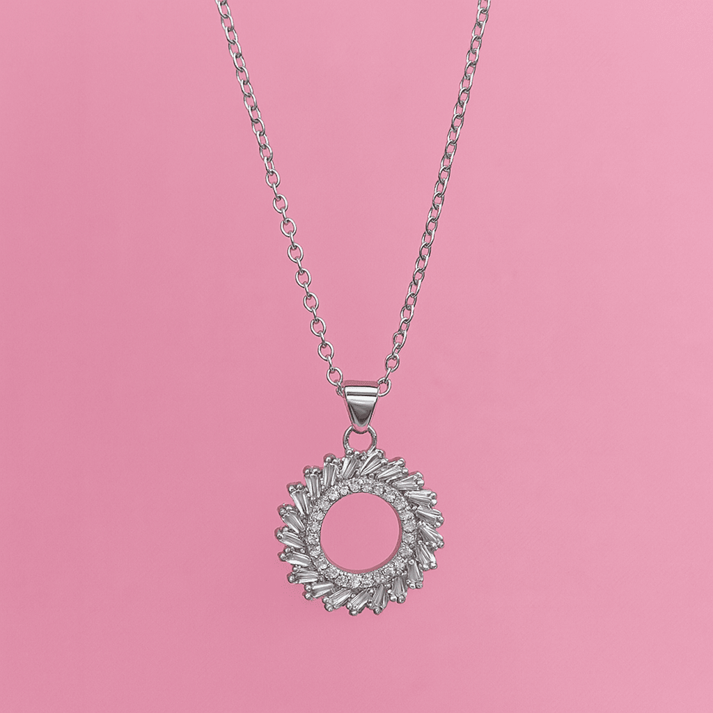 Luxury zircon circle pendant necklace with zircon stones displayed on pink background