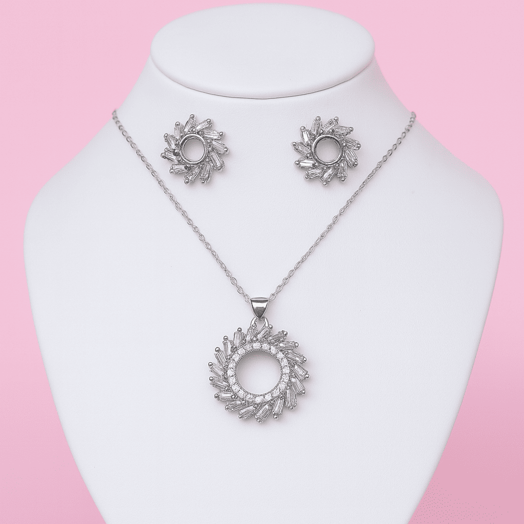 Luxury zircon circle pendant necklace and earrings set for women displayed on white bust against pink background