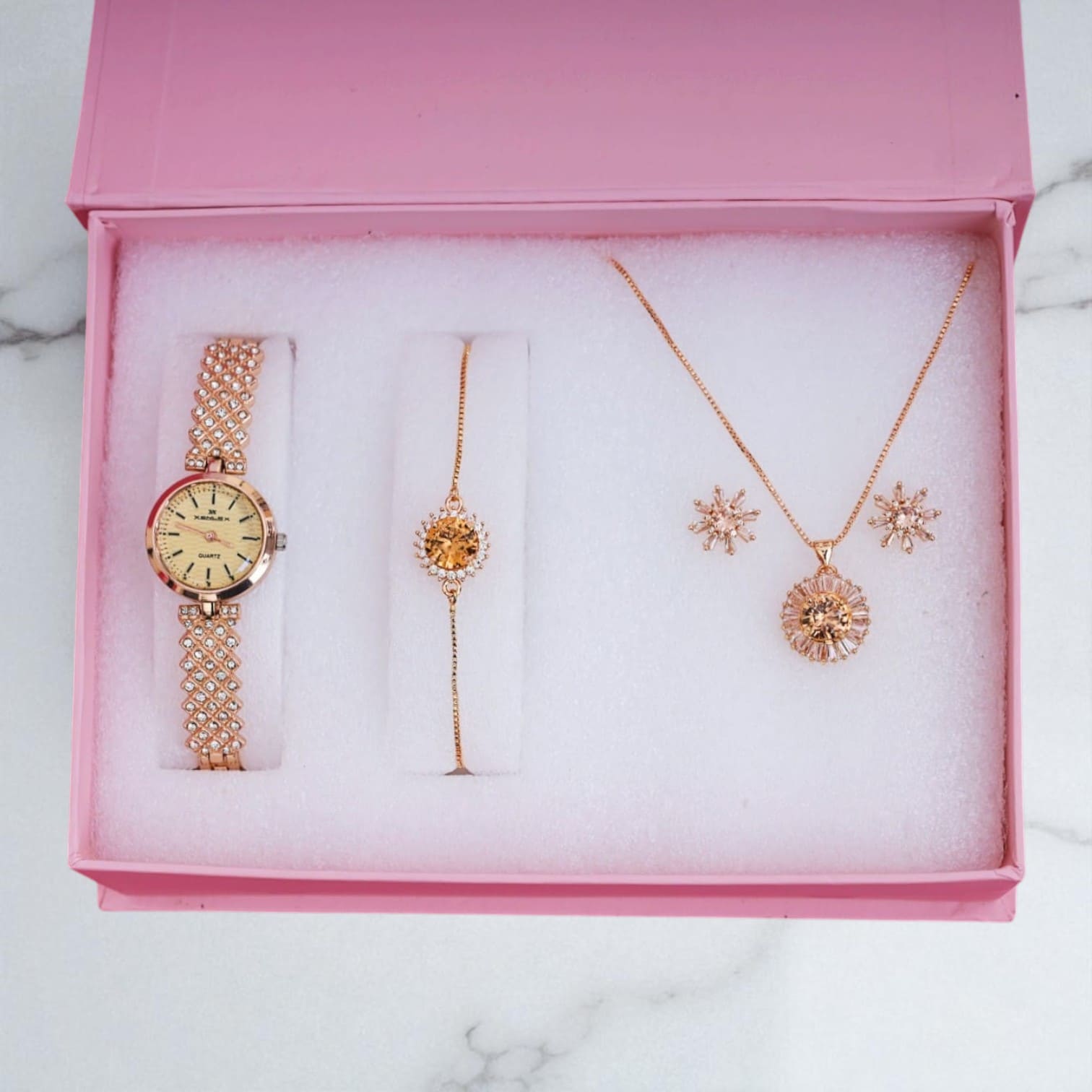 Luxury Gold Plated Women's Watch & Jewelry Gift Set Bracelet, Necklace & Earrings by Amariz Jewelry.