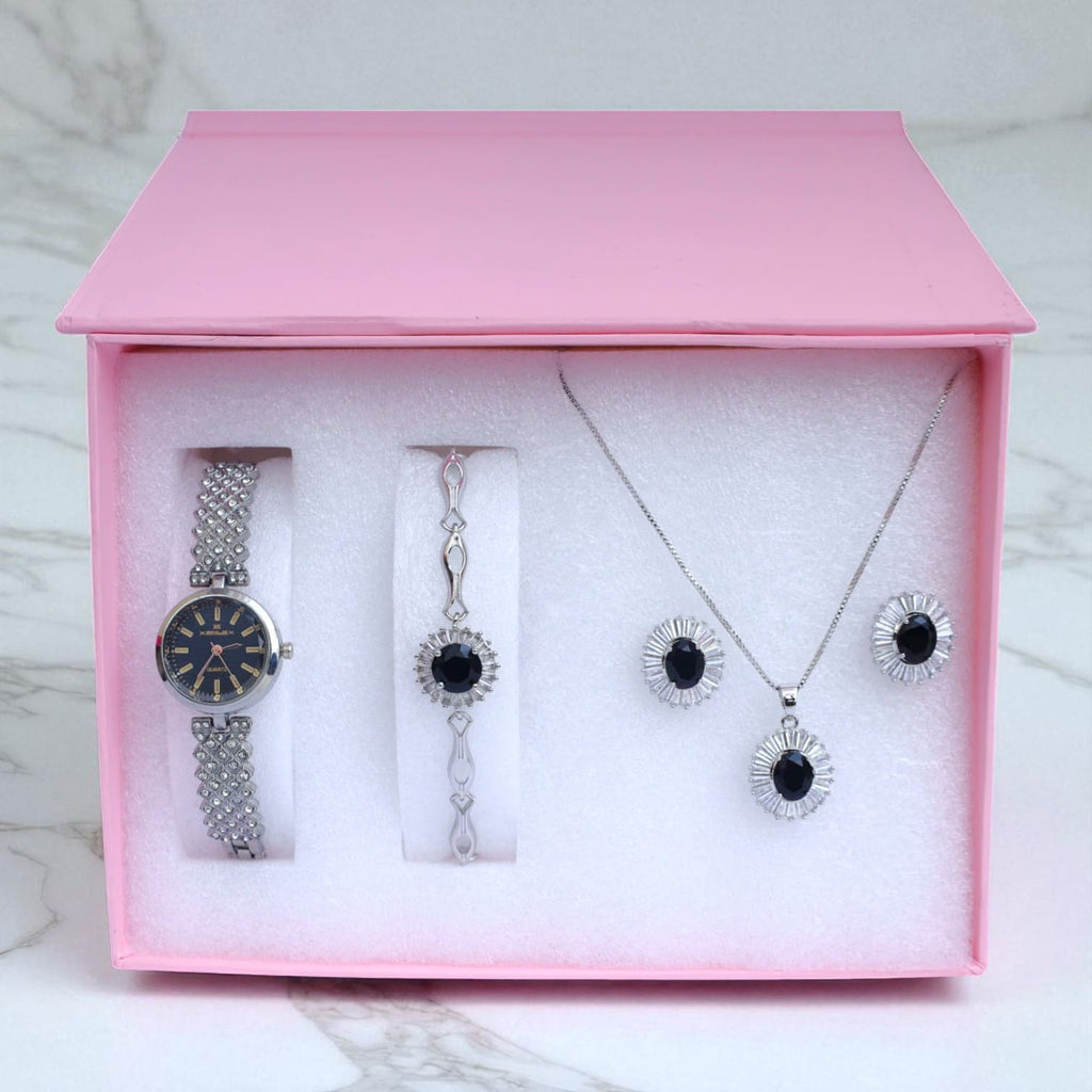 Luxury Silver Black Stone Jewelry & Watch Gift Set – Necklace, Bracelet, Earrings Combo for Women