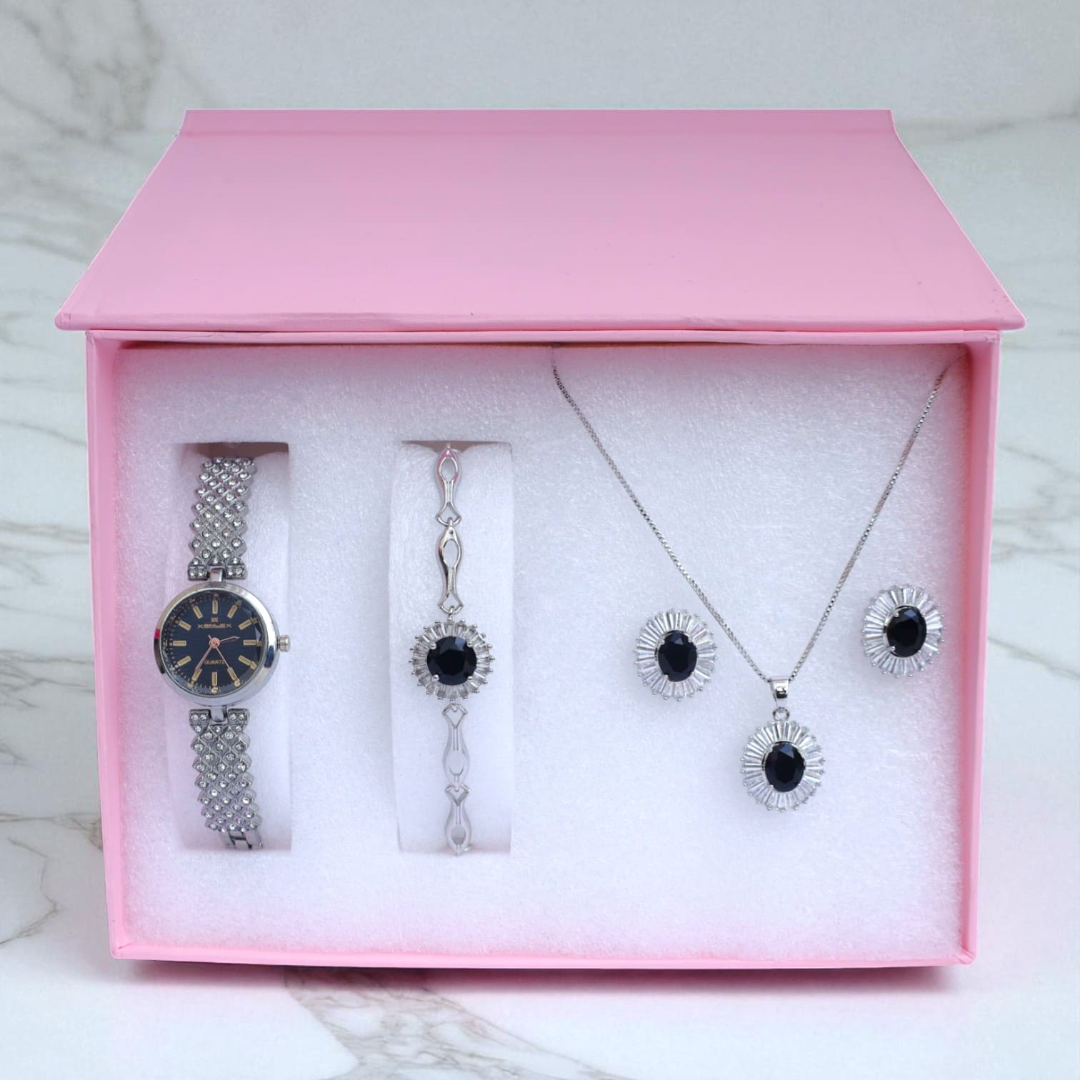 Luxury Silver Black Stone Jewelry & Watch Gift Set – Necklace, Bracelet, Earrings Combo for Women