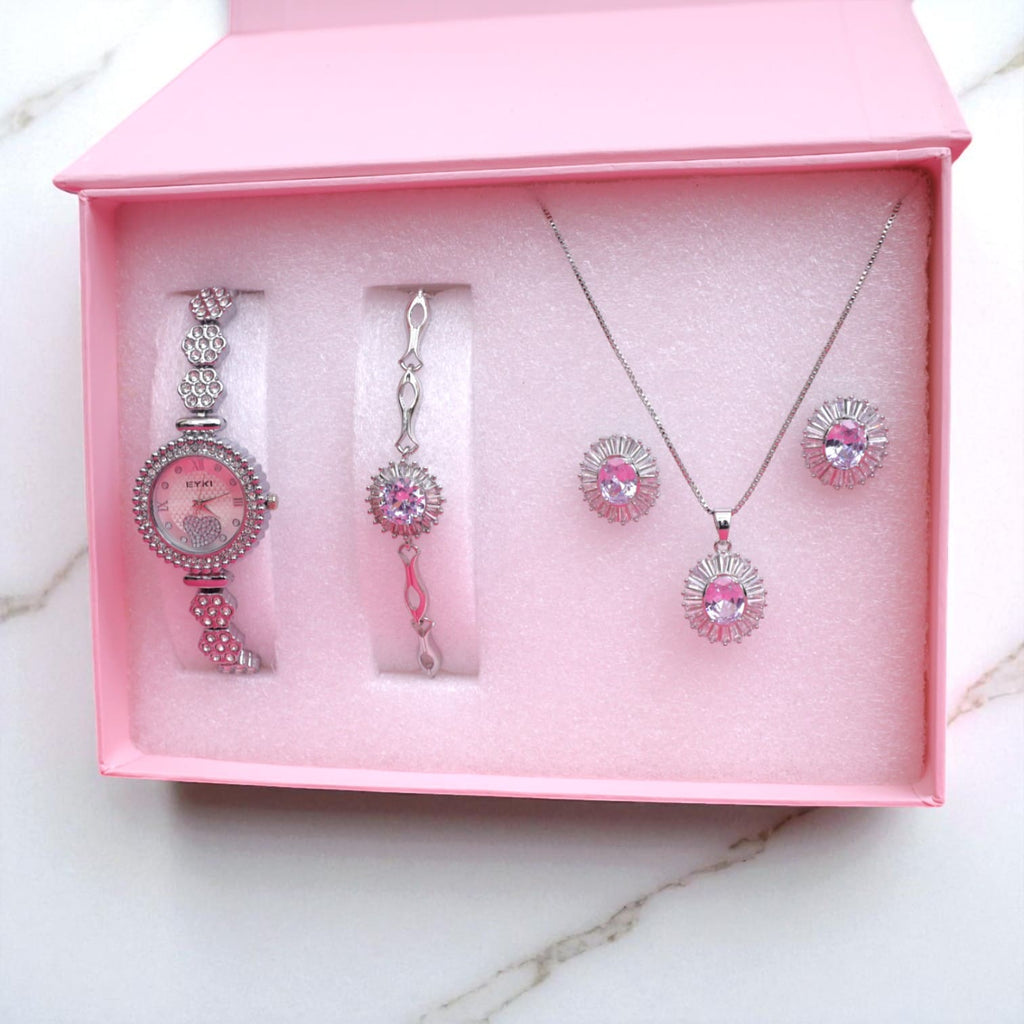 Premium Silver-Tone Women’s Watch & Jewelry Gift Set – Bracelet, Pendant & Earrings Combo