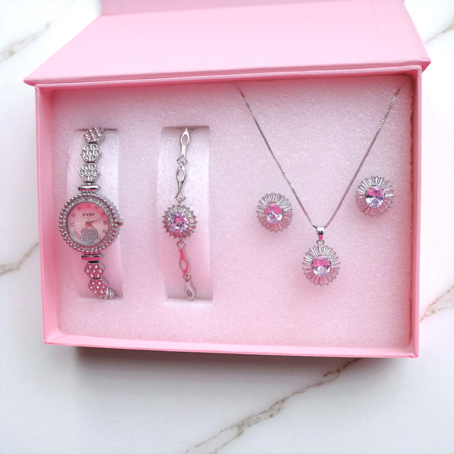 Premium Silver-Tone Women’s Watch & Jewelry Gift Set – Bracelet, Pendant & Earrings Combo