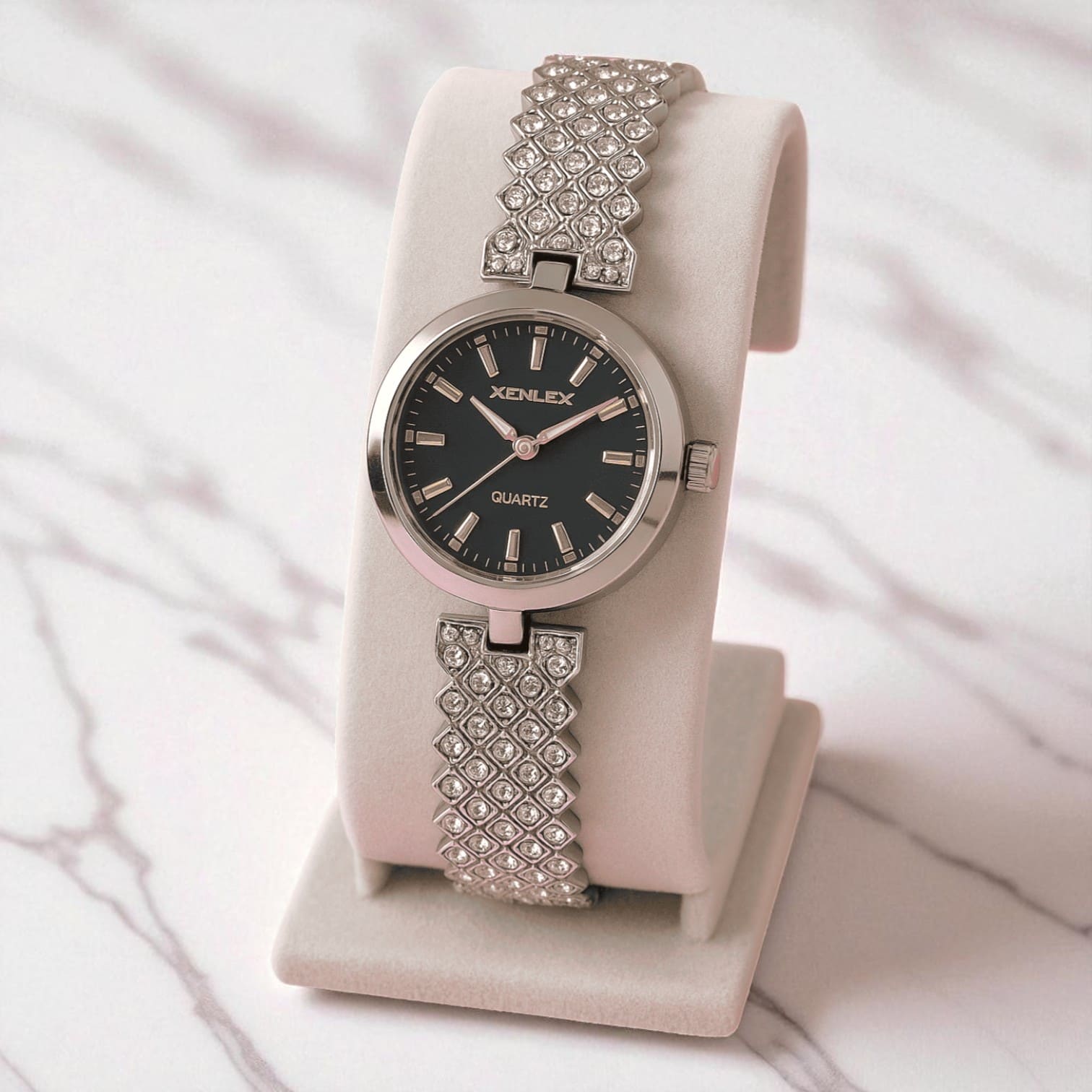 Luxury Silver Black Stone Jewelry & Watch Gift Set – Necklace, Bracelet, Earrings Combo for Women