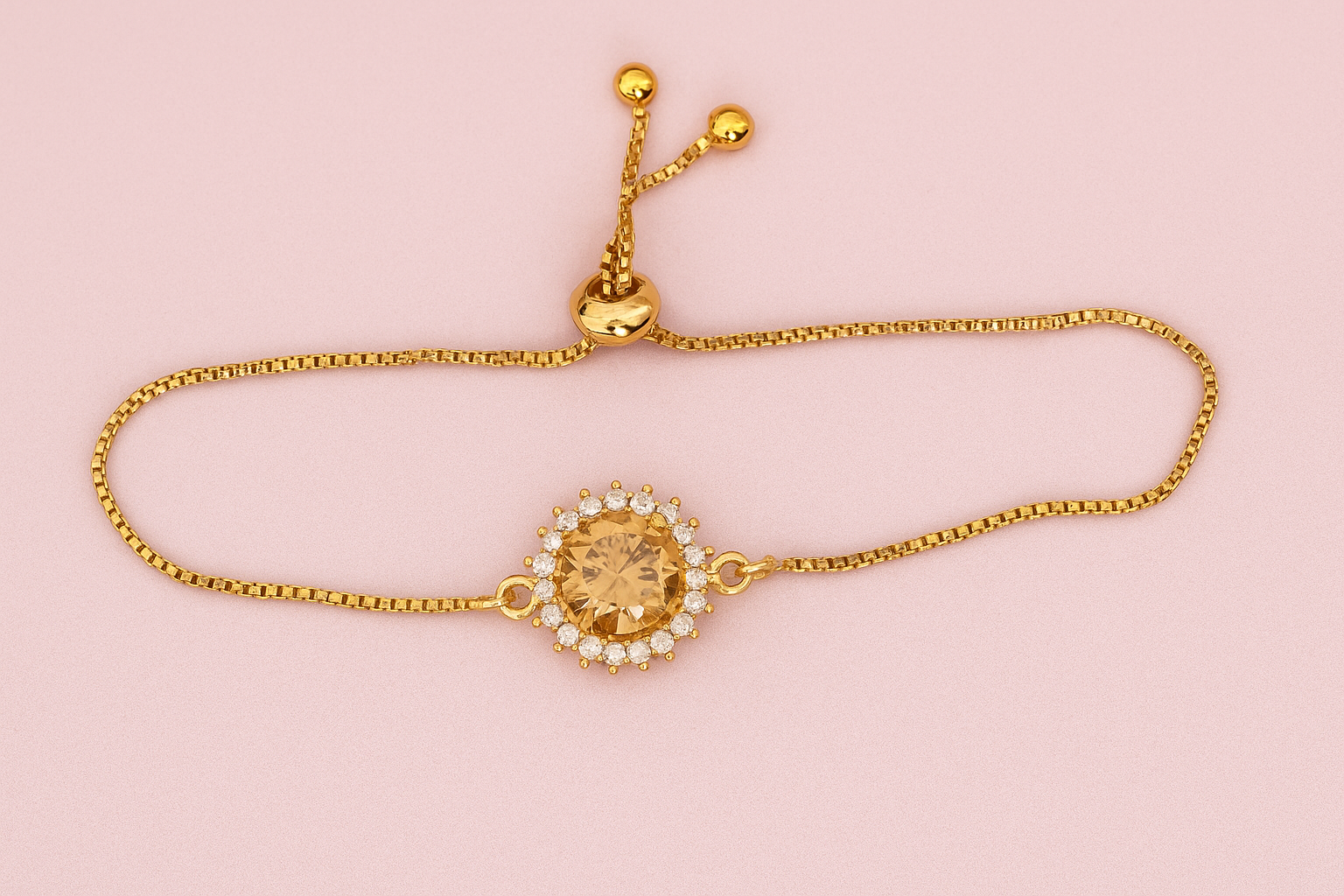 Gold Plated Adjustable Bracelet with Sunburst Champagne Stone Elegant Crystal Accent