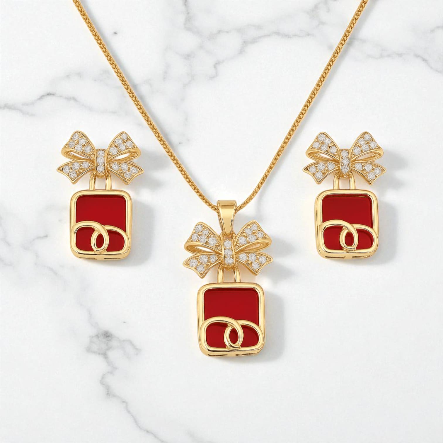 Red & Gold Women’s Gift Set – Watch, Bracelet, Bow Pendant & Earrings in Luxury Box