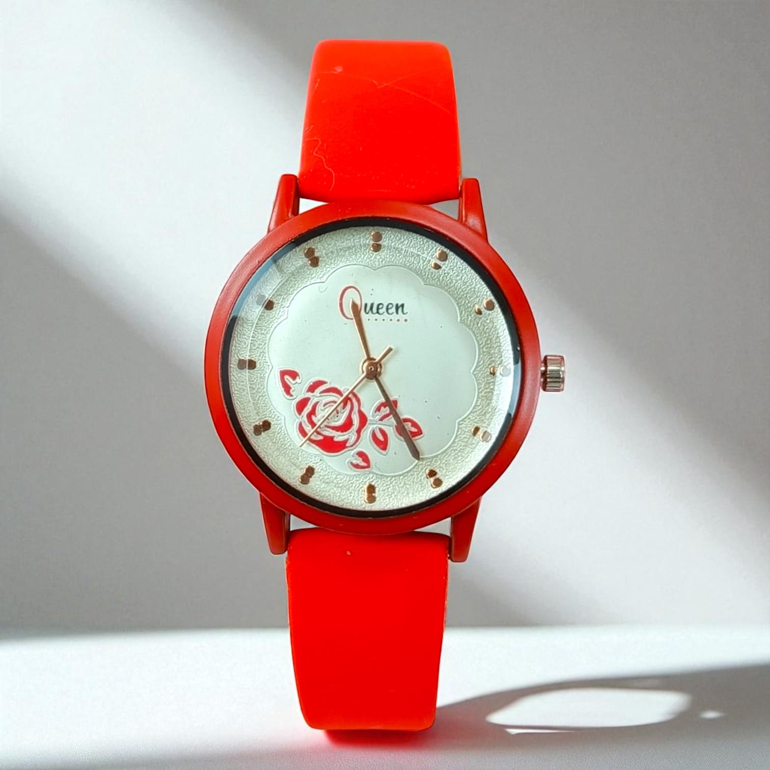 Red Floral Dial Watch for Girls – Elegant Rose Design with Soft Rubber Strap