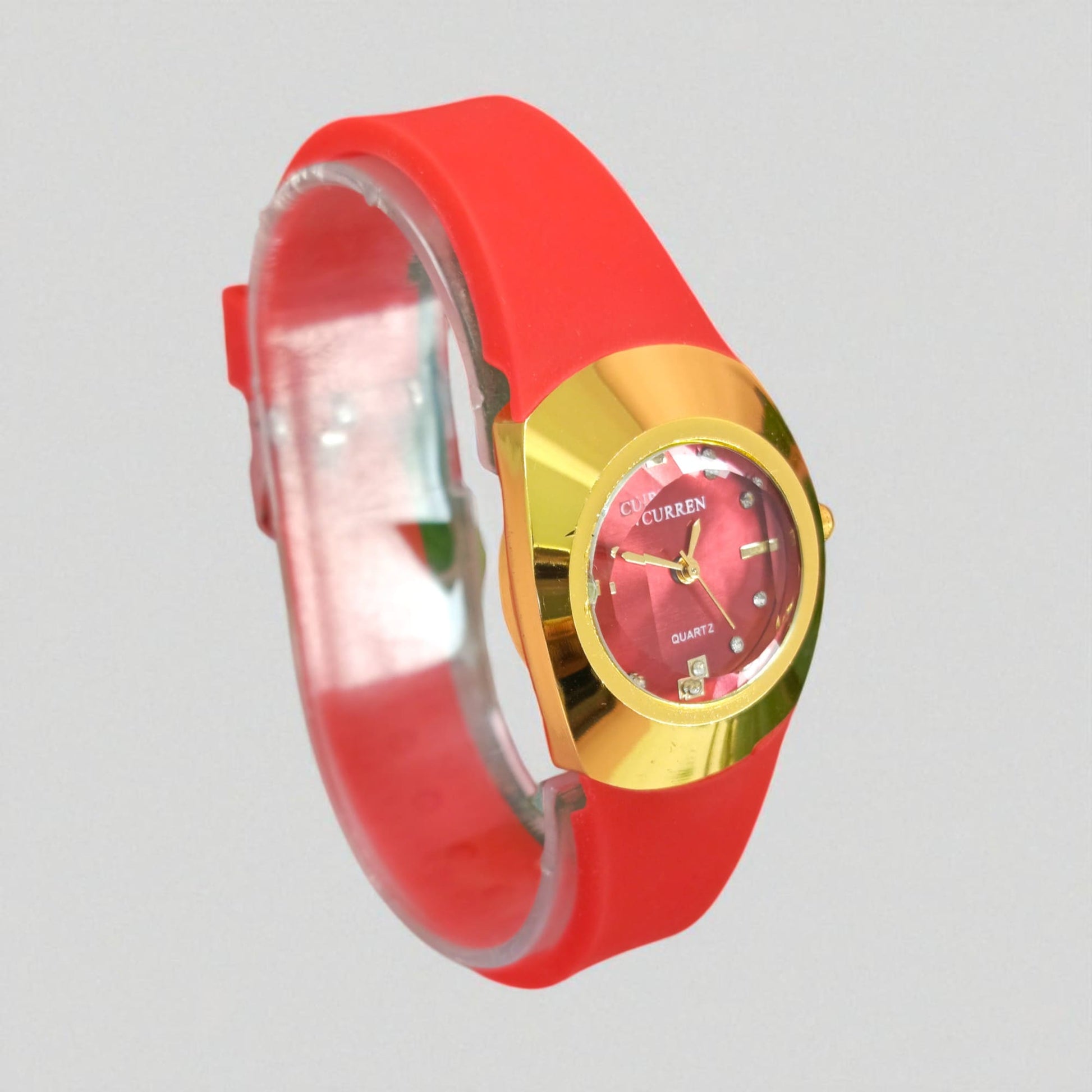 Red & Gold Ladies Quartz Watch  Crystal Marker Dial with Soft Strap for girls