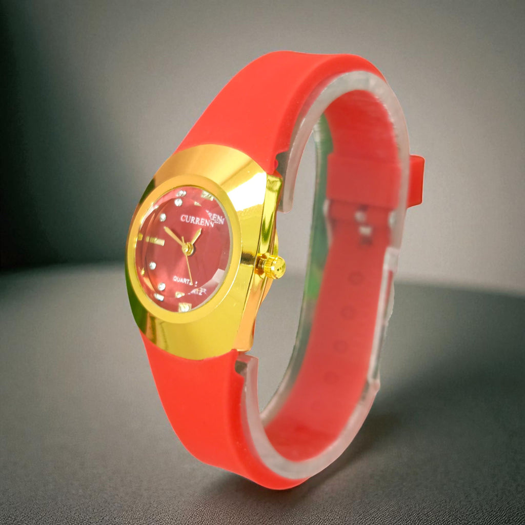 Red & Gold Ladies Quartz Watch  Crystal Marker Dial with Soft Strap for girls