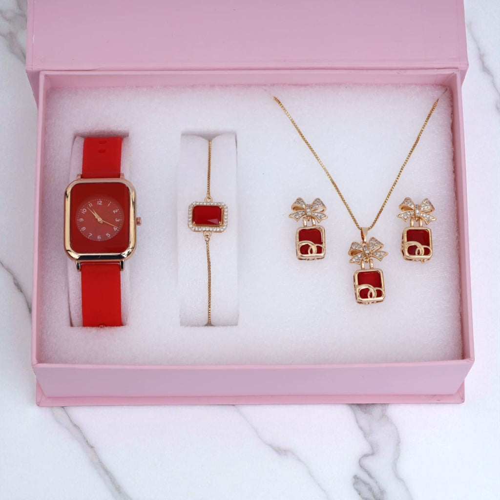 Red & Gold Women’s Gift Set – Watch, Bracelet, Bow Pendant & Earrings in Luxury Box