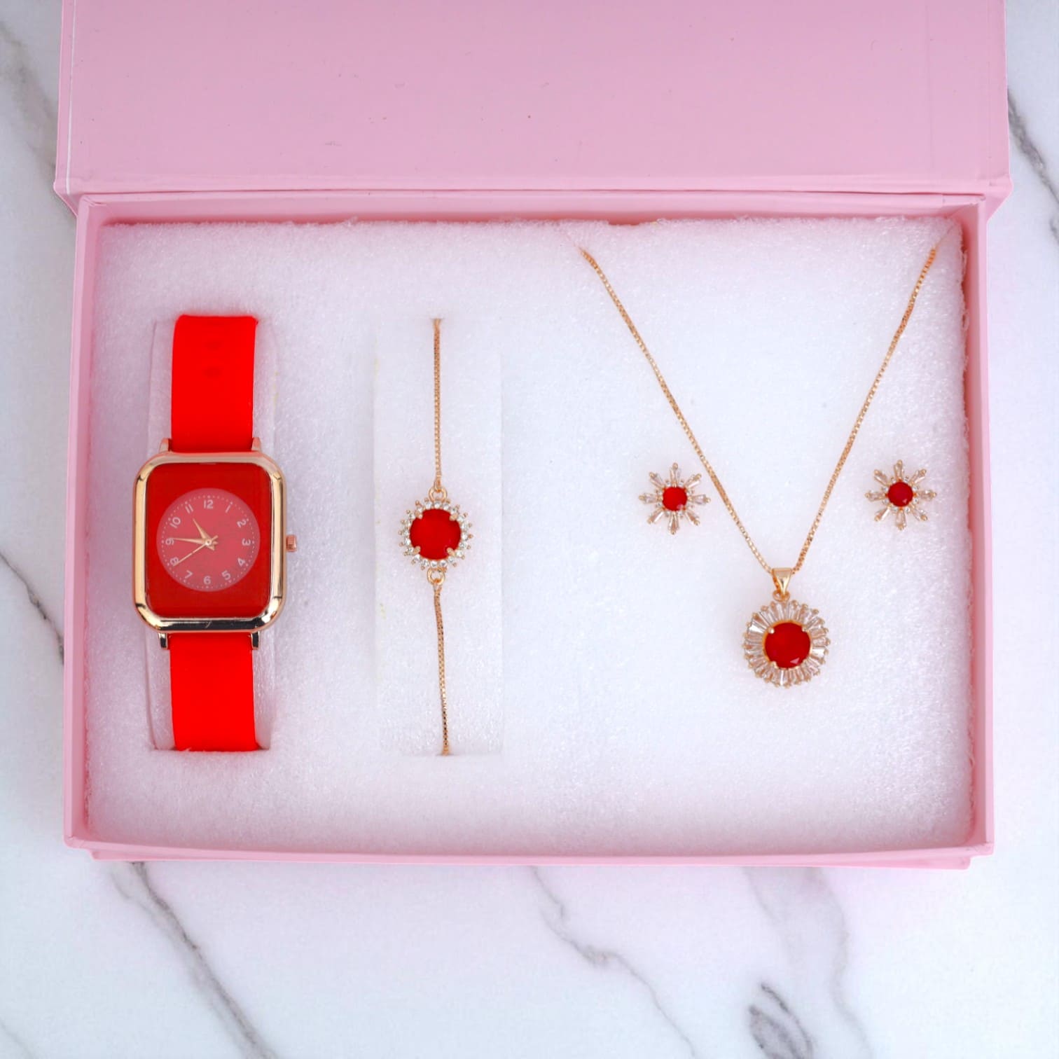 Red & Gold Women’s Watch and Jewelry Gift Set – Necklace, Earrings & Bracelet Combo in Luxury Box