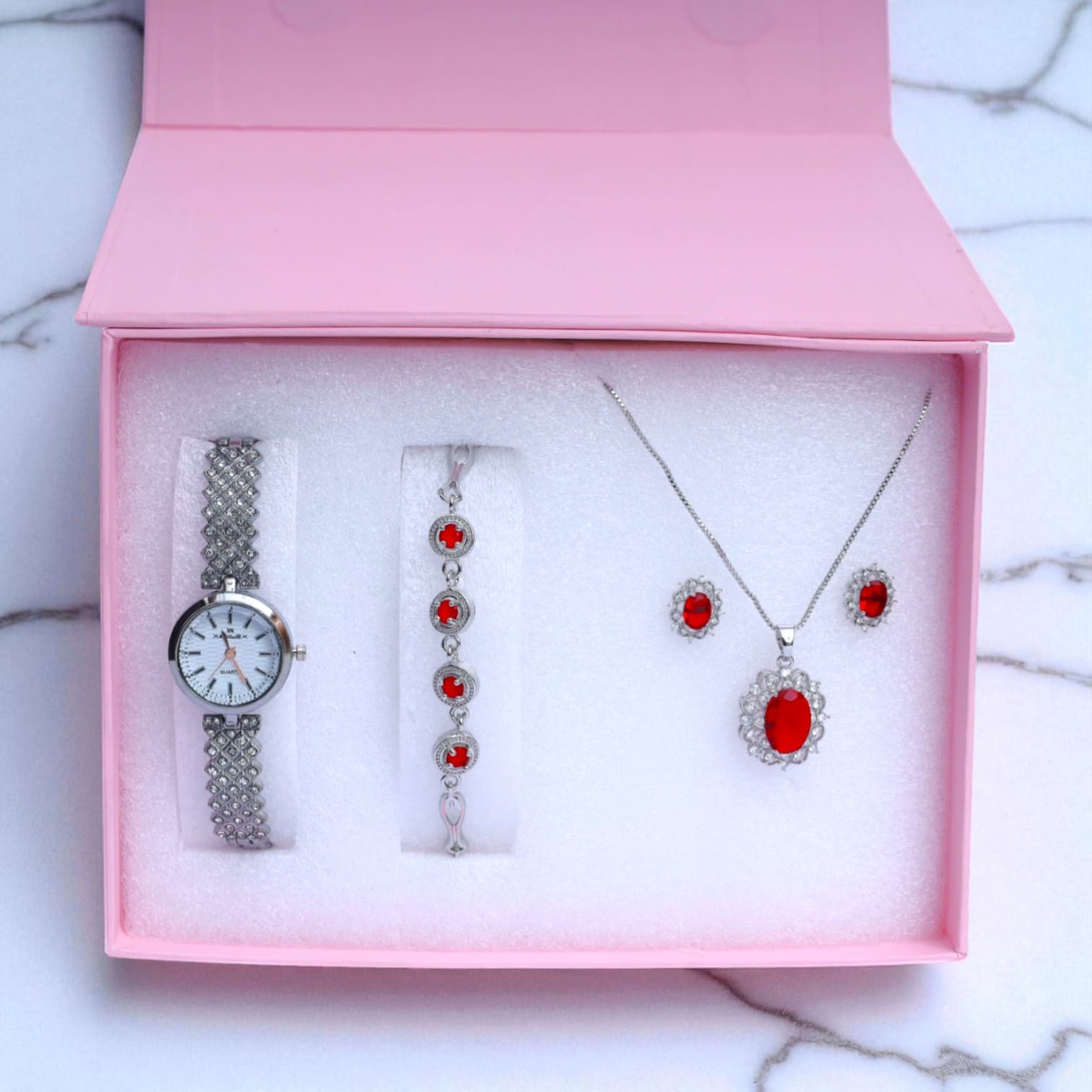 Red Stone Jewelry & Watch Gift Set for Women – Necklace, Bracelet, Earrings & Silver Watch in Luxury Box