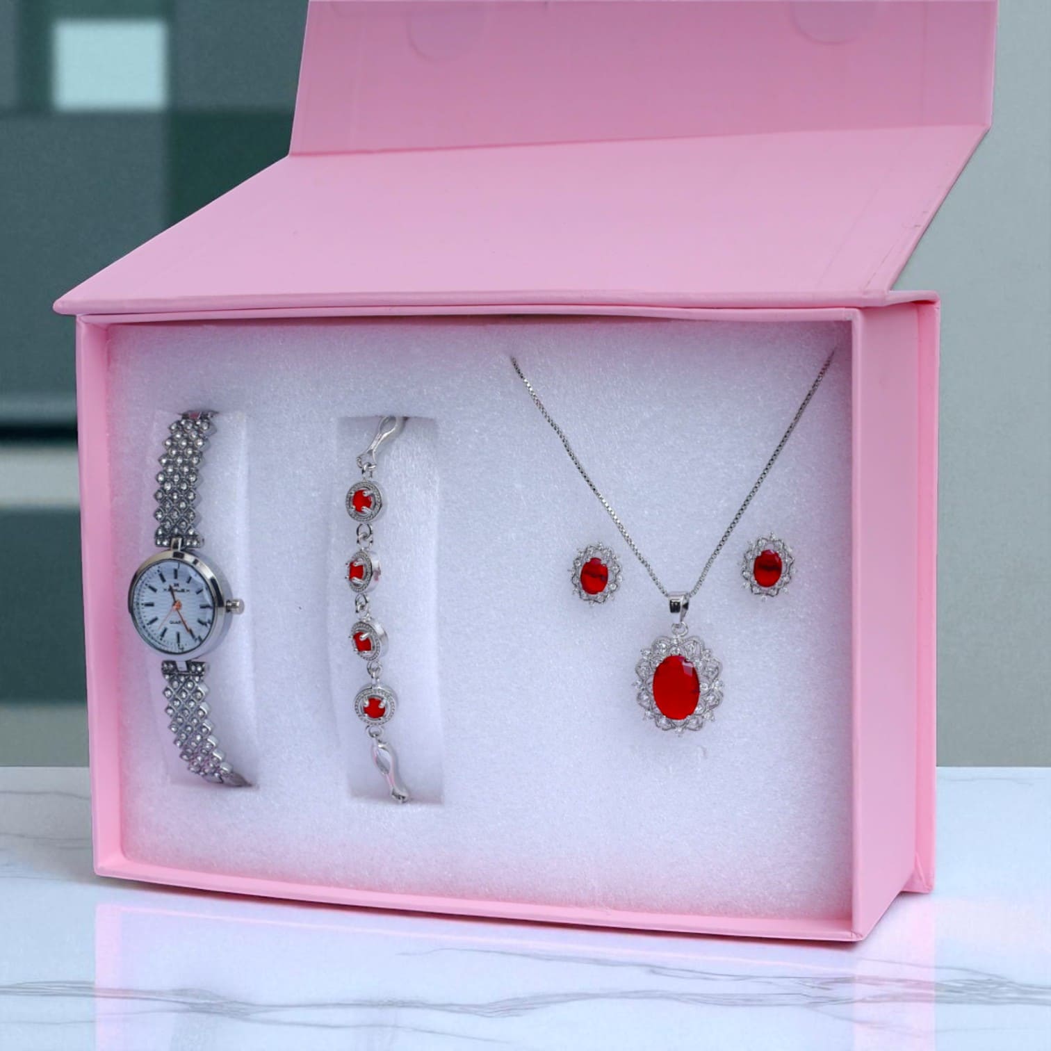 Red Stone Jewelry & Watch Gift Set for Women – Necklace, Bracelet, Earrings & Silver Watch in Luxury Box