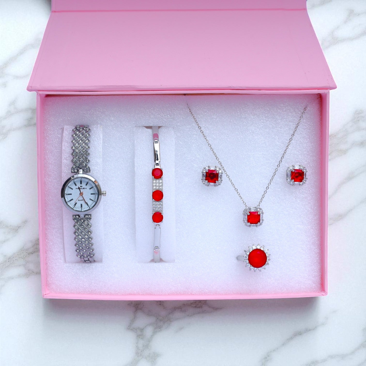 Red Stone Jewelry & Watch Gift Set for Women – Necklace, Earrings, Bracelet, Ring & Watch in Luxury Box