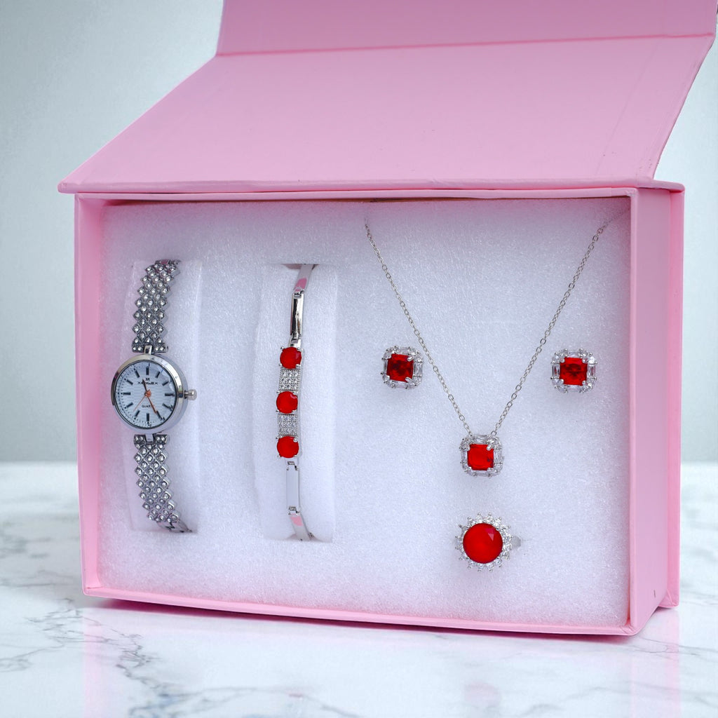 Red Stone Jewelry & Watch Gift Set for Women – Necklace, Earrings, Bracelet, Ring & Watch in Luxury Box