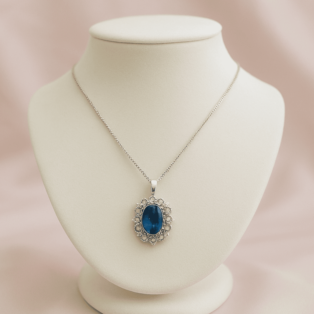 Royal Blue Oval Pendant Necklace & Earring Set for Women Silver Plated CZ Jewelry
