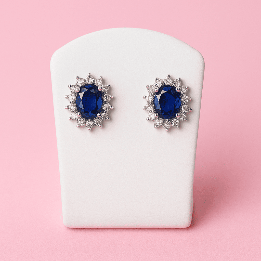 Royal Blue Oval Pendant Necklace & Earring Set for Women Silver Plated CZ Jewelry