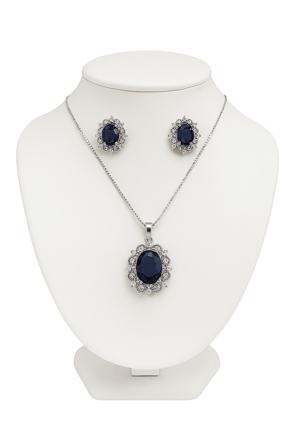 Royal Blue Oval Pendant Necklace & Earring Set for Women Silver Plated CZ Jewelry