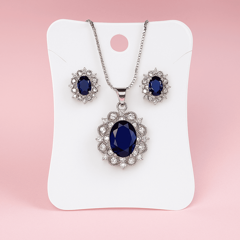 Royal Blue Oval Pendant Necklace & Earring Set for Women Silver Plated CZ Jewelry