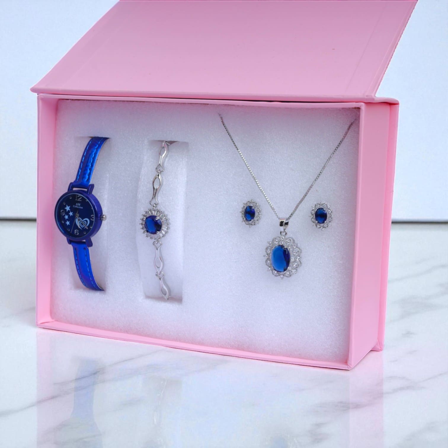 Royal Blue Stone Women’s Jewelry & Watch Gift Set Necklace, Bracelet, Earrings & Watch in Luxury Box