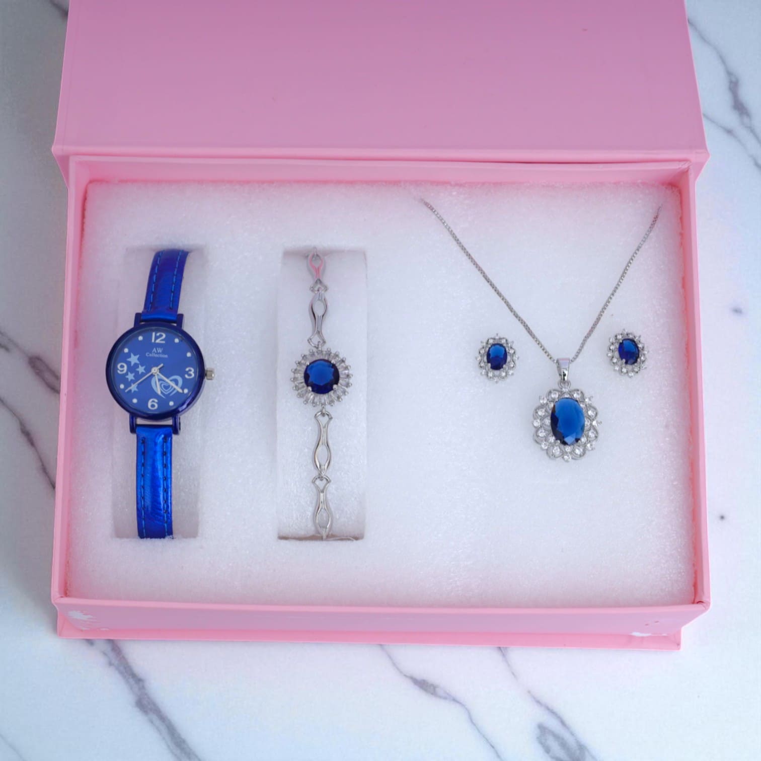 Royal Blue Stone Women’s Jewelry & Watch Gift Set Necklace, Bracelet, Earrings & Watch in Luxury Box
