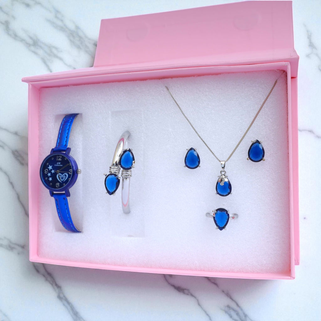 Royal Blue Stone Women’s Jewelry & Watch Gift Set – Necklace, Earrings, Ring, Bracelet & Watch in Luxury Box