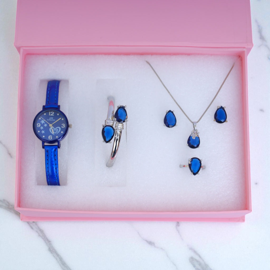 Royal Blue Stone Women’s Jewelry & Watch Gift Set – Necklace, Earrings, Ring, Bracelet & Watch in Luxury Box