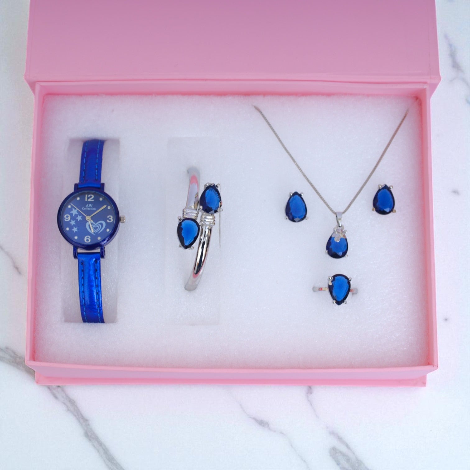 Royal Blue Stone Women’s Jewelry & Watch Gift Set – Necklace, Earrings, Ring, Bracelet & Watch in Luxury Box