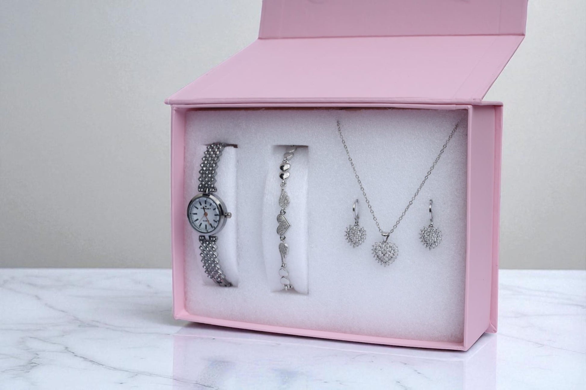 Silver Heart Jewelry & Watch Gift Set for Women Necklace, Earrings, Bracelet & Watch in Luxury Box