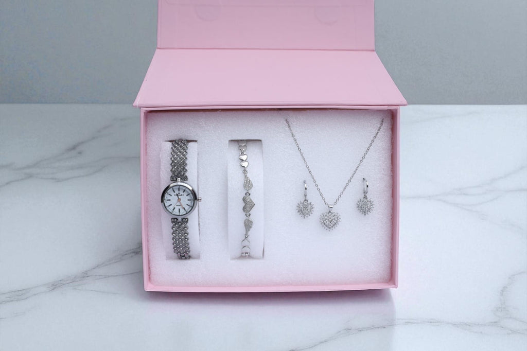 Silver Heart Jewelry & Watch Gift Set for Women Necklace, Earrings, Bracelet & Watch in Luxury Box