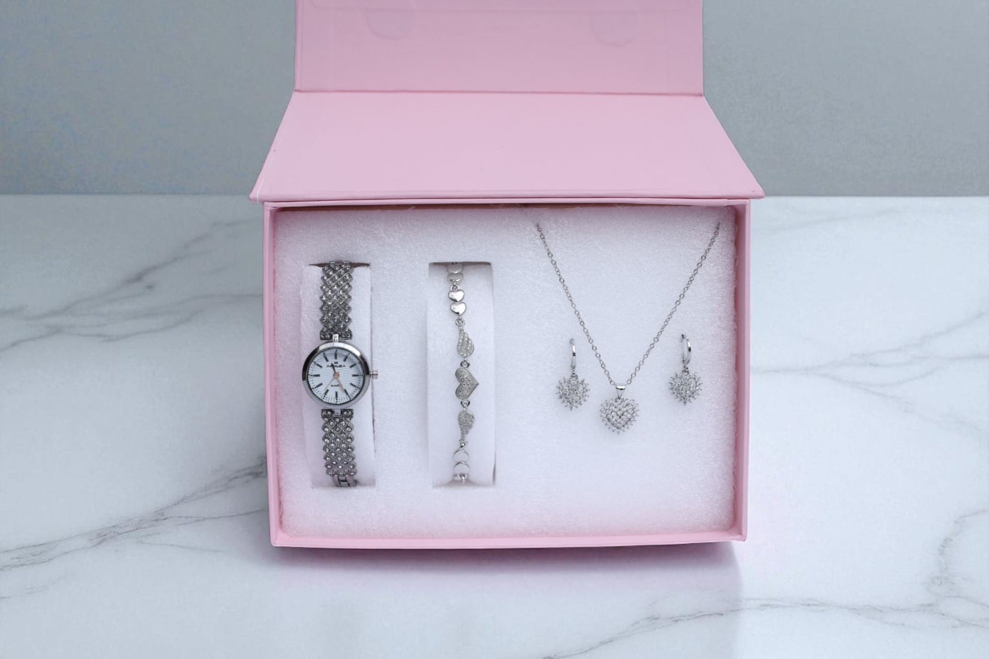 Silver Heart Jewelry & Watch Gift Set for Women Necklace, Earrings, Bracelet & Watch in Luxury Box