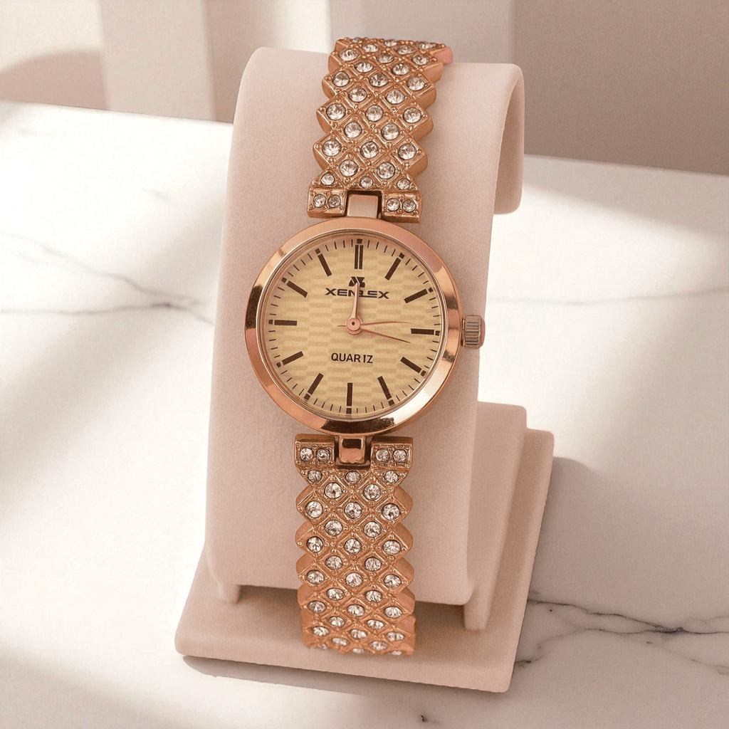 Champagne Gold Women’s Watch & Jewelry Gift Set – Bow Pendant, Earrings, Bracelet in Luxury Box