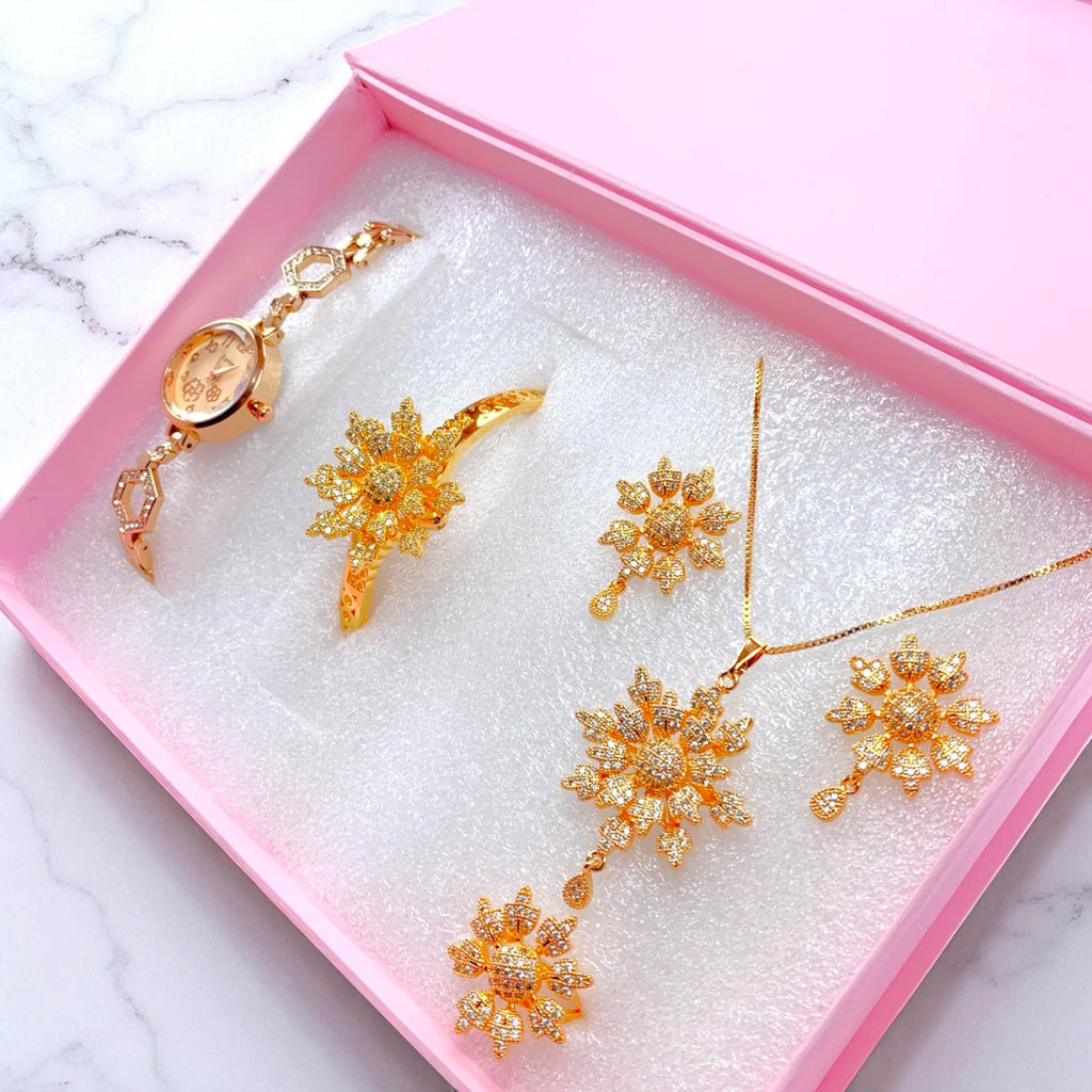 Luxury Gold-Plated Floral Jewelry Set with Watch | Amariz Jewelry